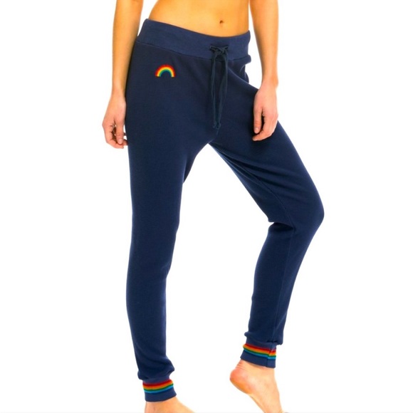 AVIATOR NATION Sz L navy blue thermal knit rainbow lightweight joggers Preloved